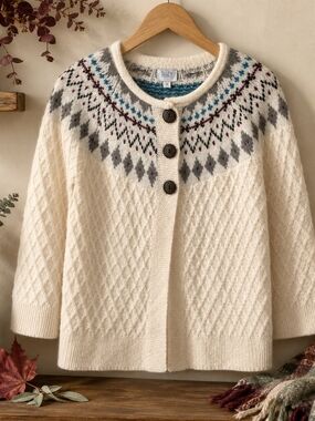 Suzy Shier Fair Isle Cable Knit Cardigan Wool Blend Sweater Cream M